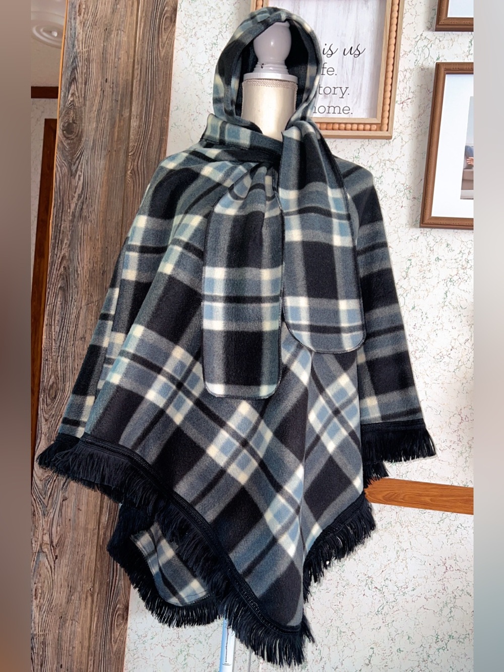 Plaid Hooded Fringe Poncho Cape Wrap